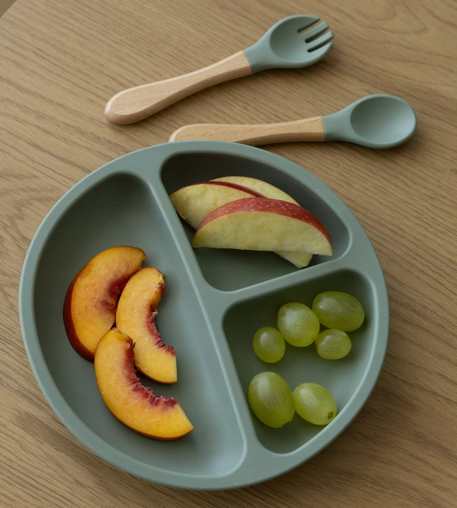 Koala Kay Silikoniniai mediniai stalo įrankiai vaikams, kūdikiams, šaukštas, šakutė, arbatinis šaukštelis