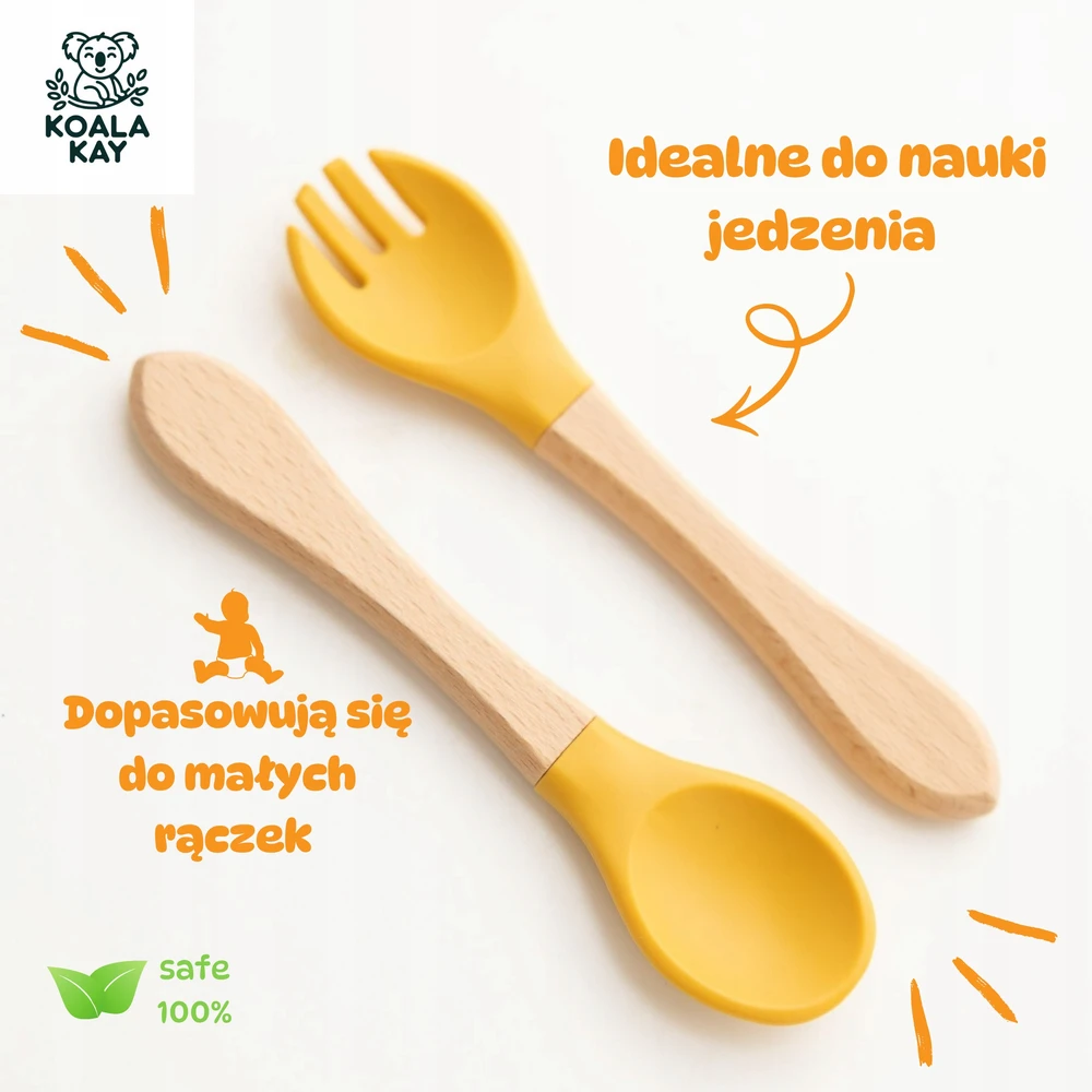 Koala Kay Silikoniniai mediniai stalo įrankiai vaikams, kūdikiams, šaukštas, šakutė, arbatinis šaukštelis