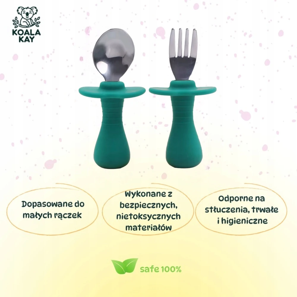 Koala Kay Silikoniniai metaliniai stalo įrankiai su užraktu vaikams, žali, saugūs