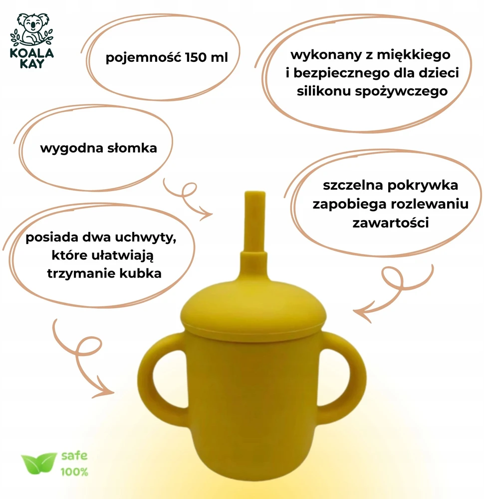 Koala Kay Silikoninis puodelis vaikams su vamzdeliu ir neišsiliejančiomis rankenėlėmis, 150 ml