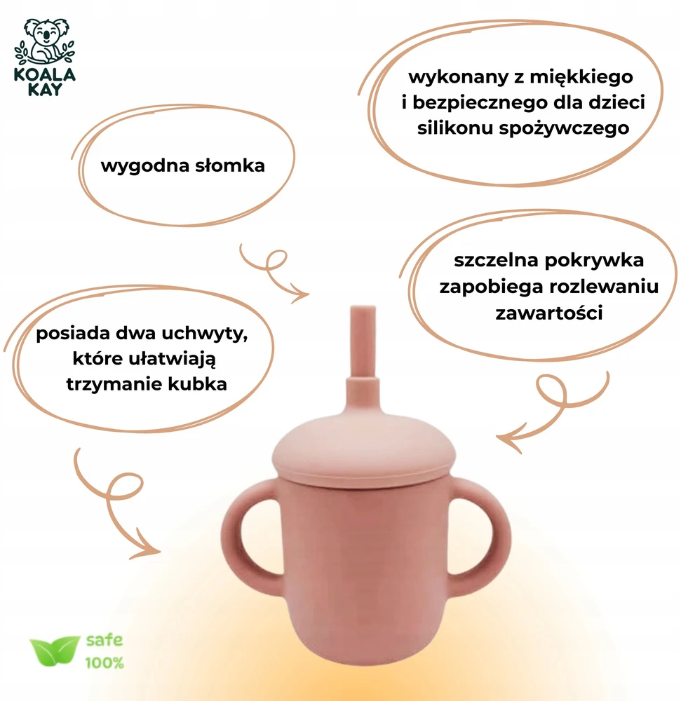 Koala Kay Silikoninis puodelis vaikams su vamzdeliu ir neišsiliejančiomis rankenėlėmis, 150 ml