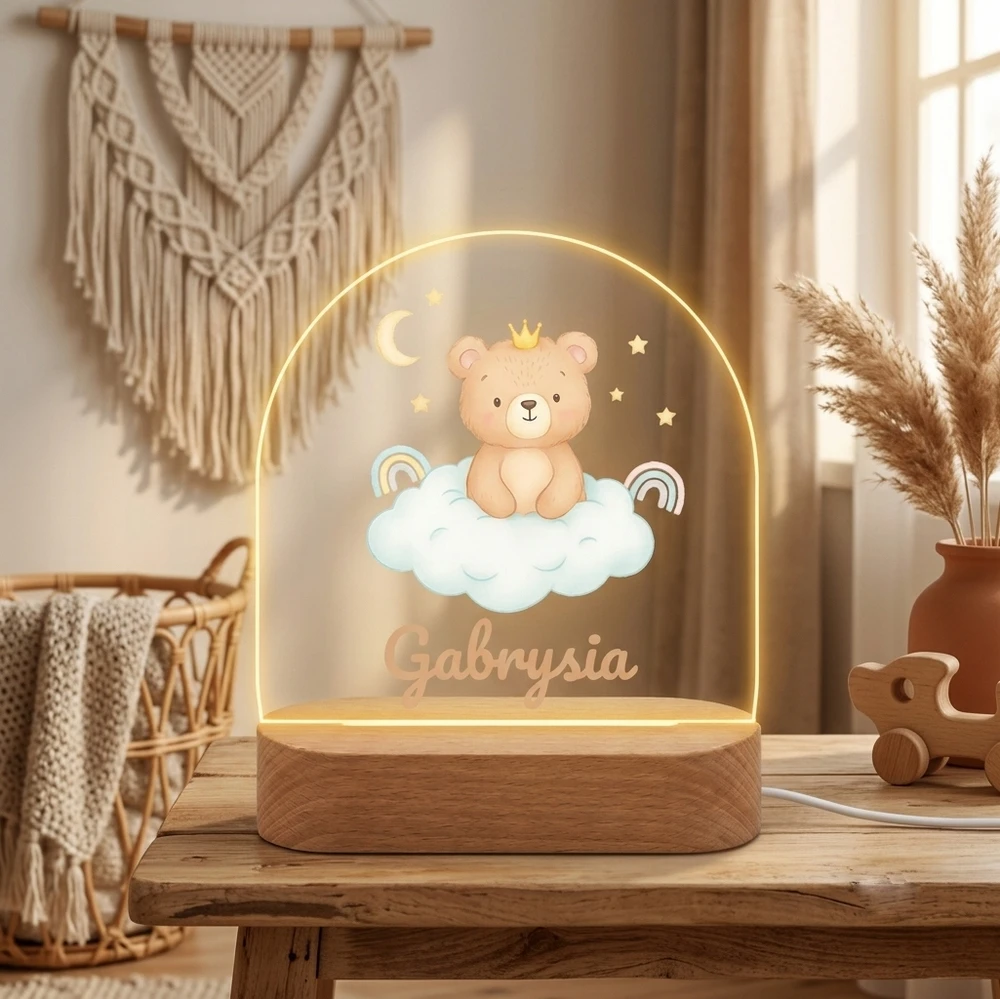 Koala Wood Prezent na Chrzciny Roczek dla Noworodka Lampka Nocna su Misiem i Imieniem