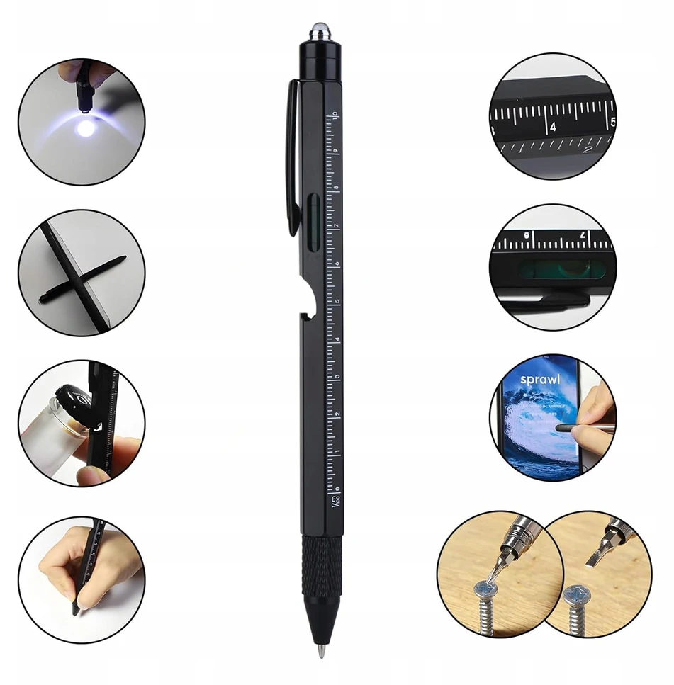 Koanni DAUGIAFUNKCINIS TUŠKAS 9 viename MULTITOOL PEN Atsuktuvas žibintuvėlis gulsčiukas