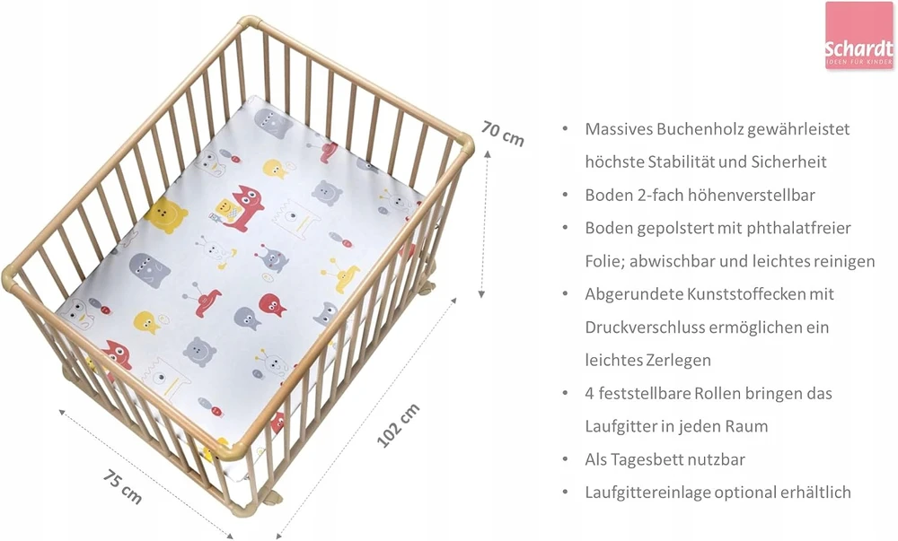 Kojec Drewniany dla Dziecka Schardt Basic 75x100cm Regulowany na Kółkach