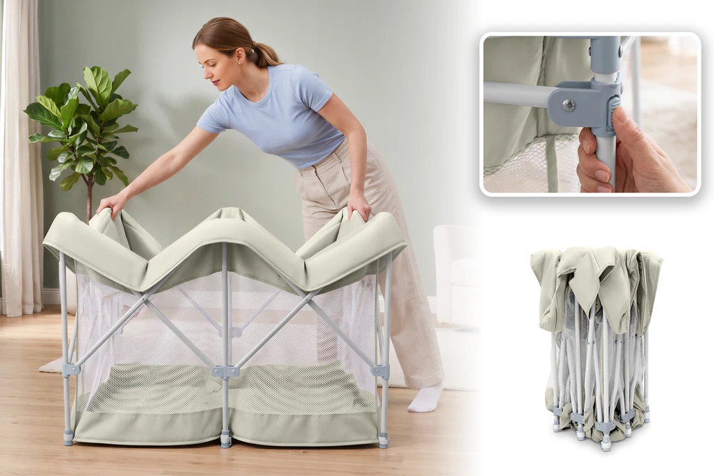KOJEC DZIECIĘCY 127x127 cm AUTOMATYCZNIE sulankstomas ORSETTO BEŻOWY LEKKI 5 KG
