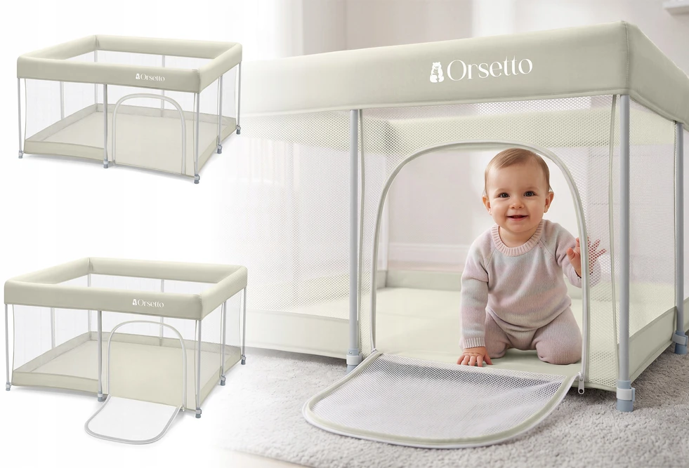 KOJEC DZIECIĘCY 127x127 cm AUTOMATYCZNIE sulankstomas ORSETTO BEŻOWY LEKKI 5 KG