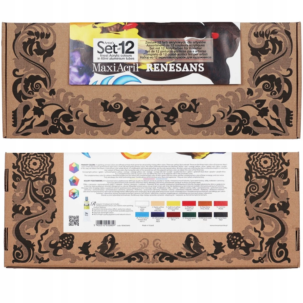 Komplet 12 vnt farb MaxiAcril RENESANS artystyczne wydajne prezent 12x60ml