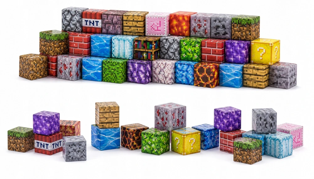 Konave Pixele 3D magnetiniai blokeliai 154 vnt. + 4 figūrėlės blokelių RINKINYS