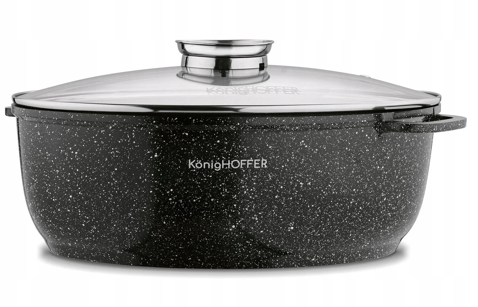 Konighoffer Ovalus keraminis troškintuvas indukcinei viryklei, 8 l talpa, stiklinis dangtis su aromatizatoriumi, neprisvylanti akmens apdaila, didelis šeimyninis puodas troškinimui