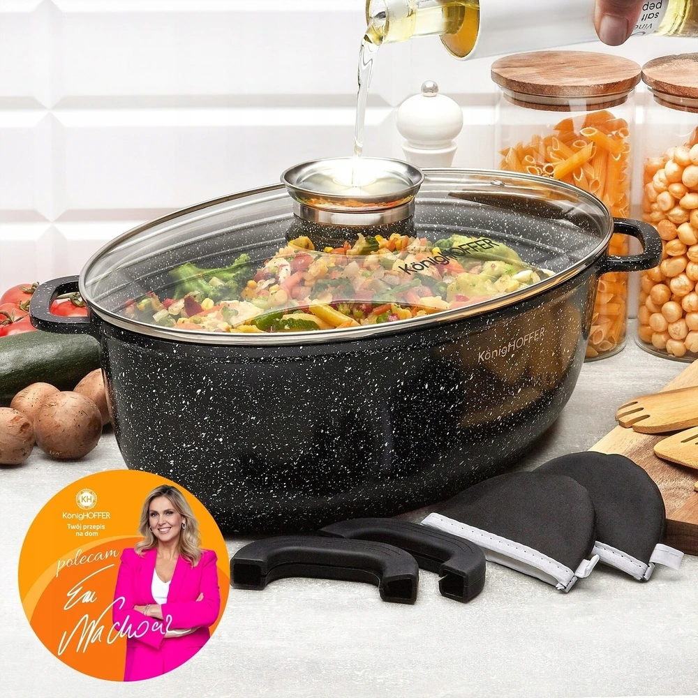 Konighoffer Ovalus keraminis troškintuvas indukcinei viryklei, 8 l talpa, stiklinis dangtis su aromatizatoriumi, neprisvylanti akmens apdaila, didelis šeimyninis puodas troškinimui