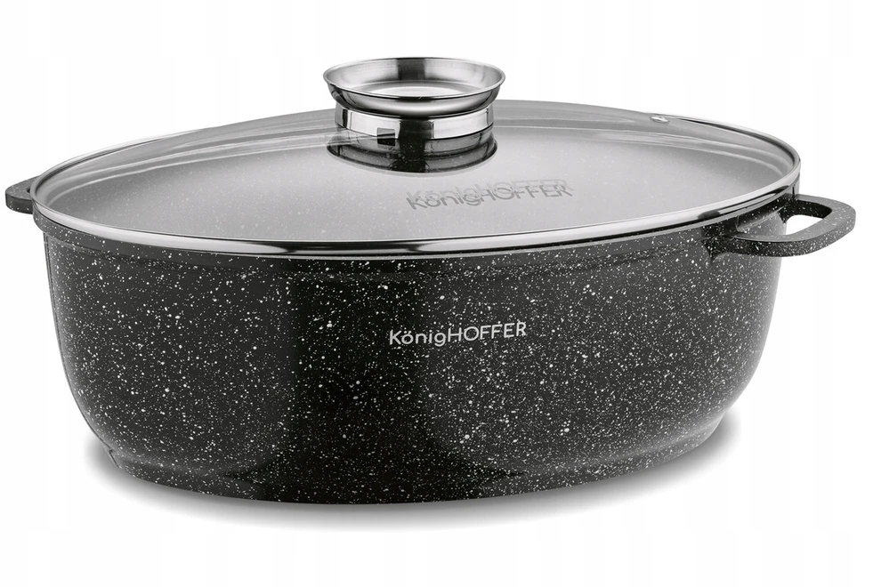 Konighoffer Ovalus keraminis troškintuvas indukcinei viryklei, 8 l talpa, stiklinis dangtis su aromatizatoriumi, neprisvylanti akmens apdaila, didelis šeimyninis puodas troškinimui