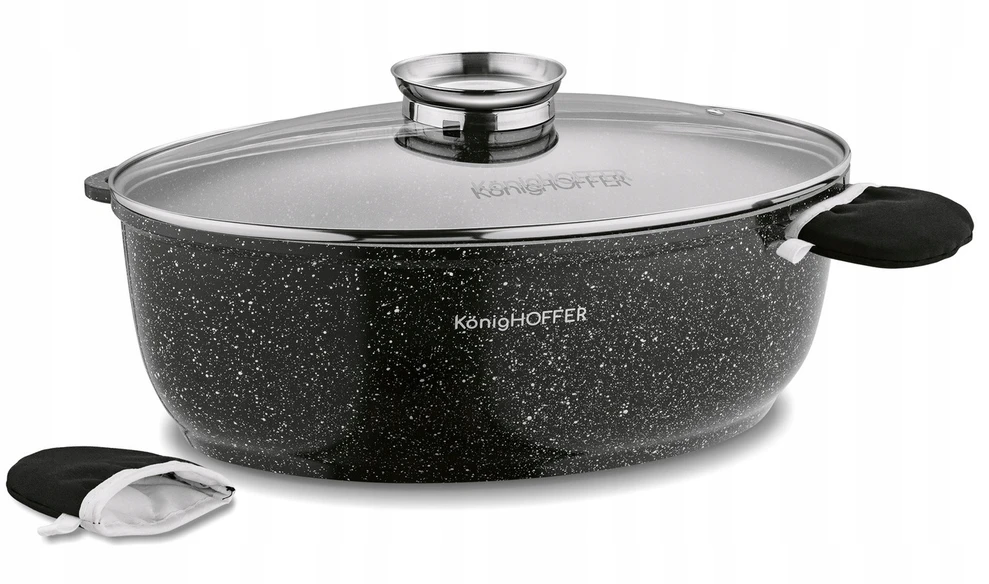 Konighoffer Ovalus keraminis troškintuvas indukcinei viryklei, 8 l talpa, stiklinis dangtis su aromatizatoriumi, neprisvylanti akmens apdaila, didelis šeimyninis puodas troškinimui