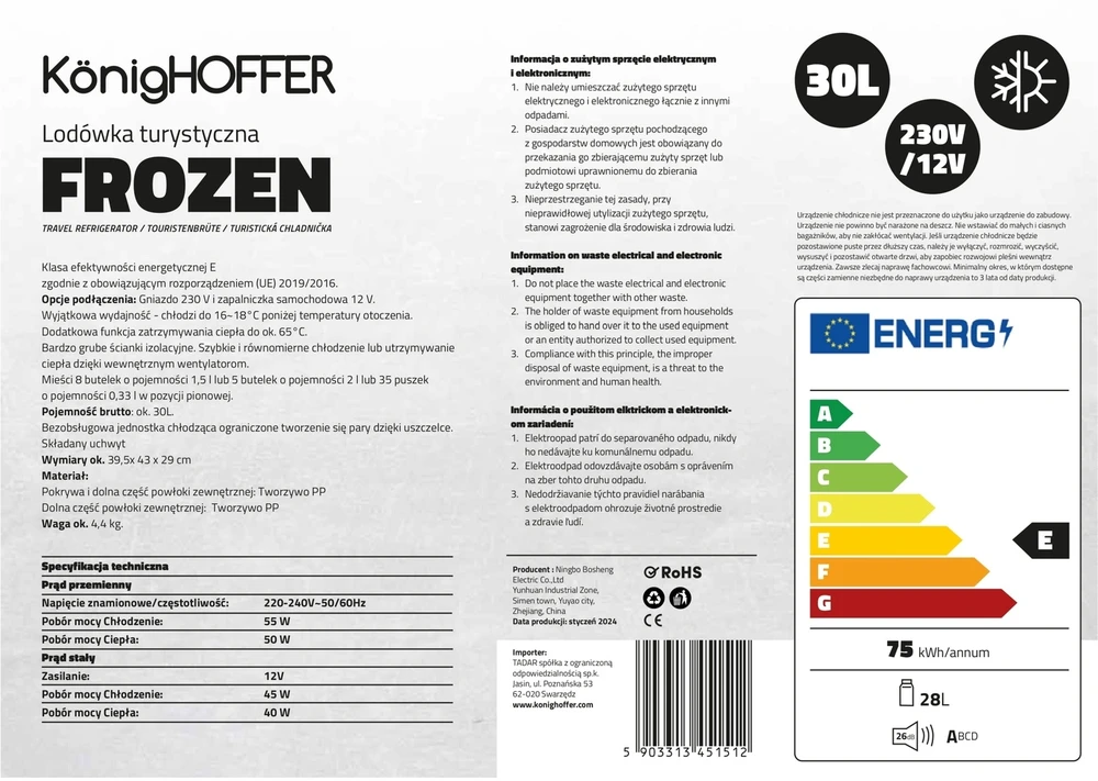 Konighoffer Elektrinis nešiojamas šaldytuvas 30 l su šildymo ir vėsinimo funkcija, 12V ir 230V maitinimas, tylus veikimas, automobilinis kempingo šaldytuvas-šaltkrepšis