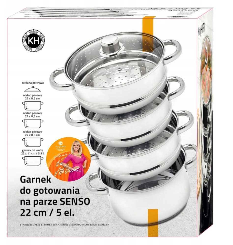 Konighoffer Garų puodų rinkinys su stikliniu dangčiu, nerūdijantis plienas, 22 cm, tinka indukcinėms ir dujinėms viryklėms, daugiasluoksnis garinimo puodas, sveiko maisto gaminimas