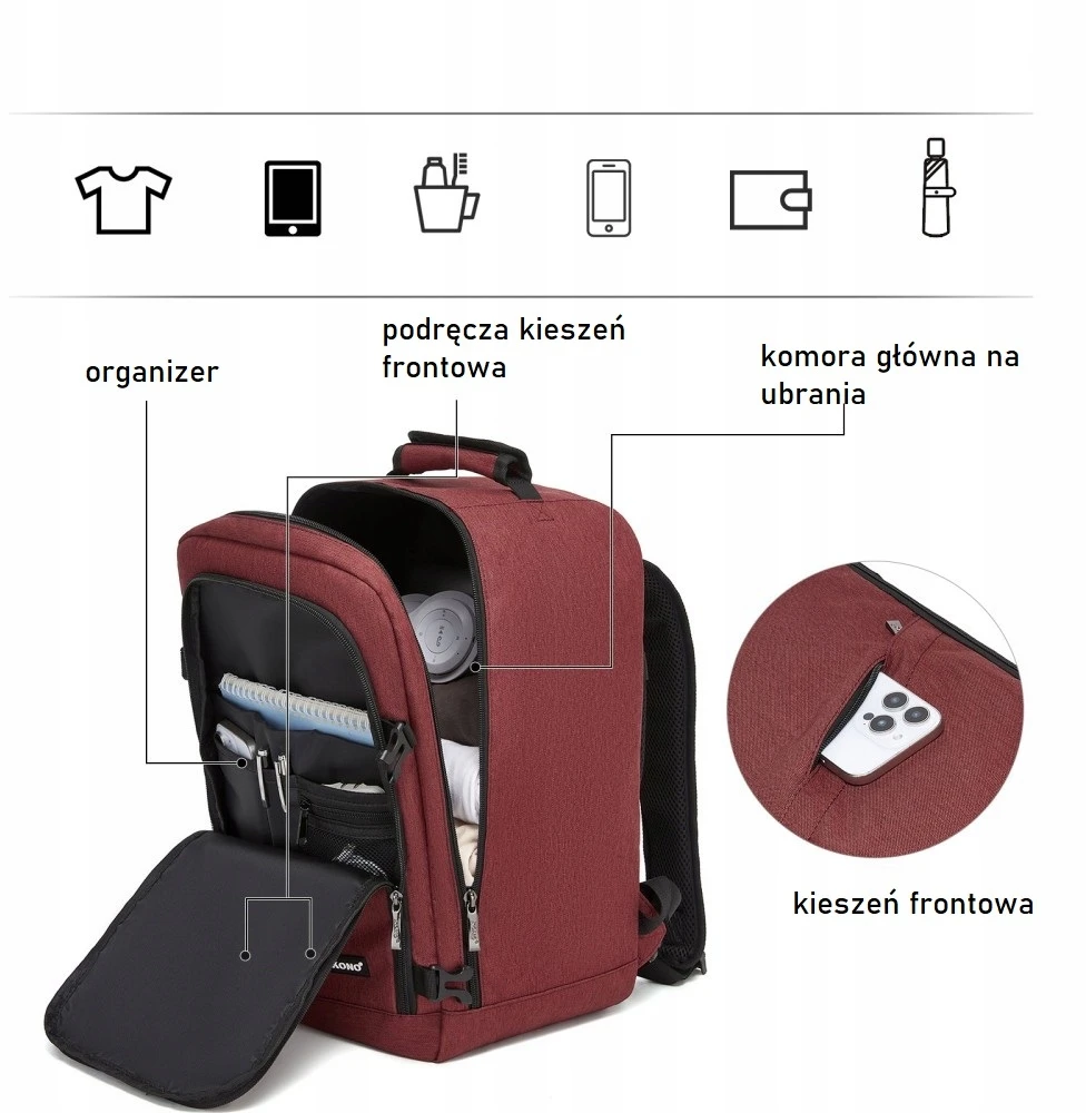 Kono Ryanair kuprinė 40x30x20 lėktuvui, moteriškas rankinis bagažas, moteriškas Expander