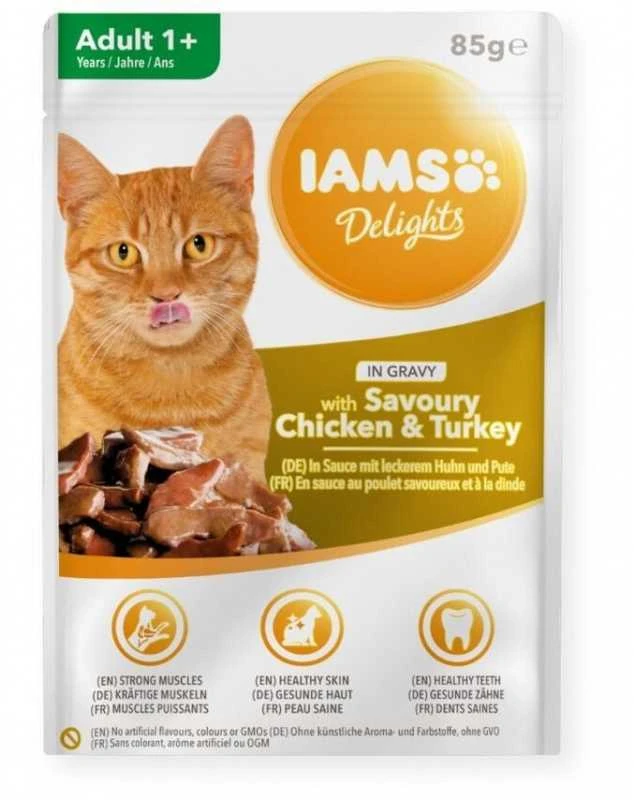 Iams Delight konservai katėms su vištiena ir kalakutiena, 85 g