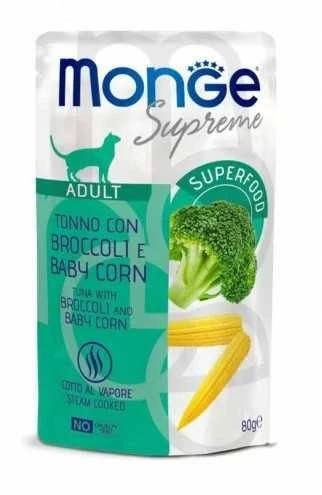 Monge SUPREME - Cat Wet Pouches su tunu, brokoliais ir mini kukurūzais - suaugusioms katėms (80g)