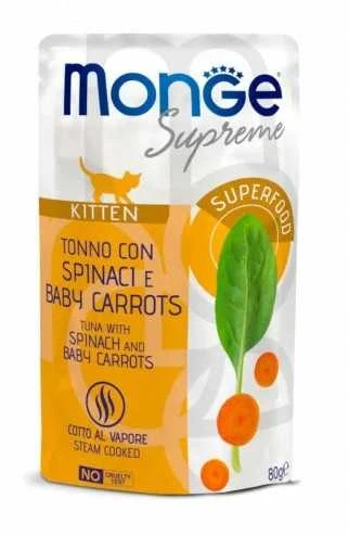 Monge SUPREME - Cat Wet Pouches su tunu, špinatais ir morkomis - kačiukams (80g)