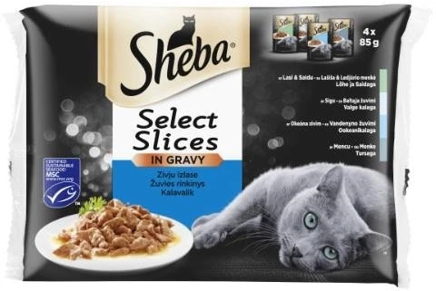 Ėdalas katėms SHEBA, įvairios mėsos rinkinys, maišeliuose, 4 x 85 g