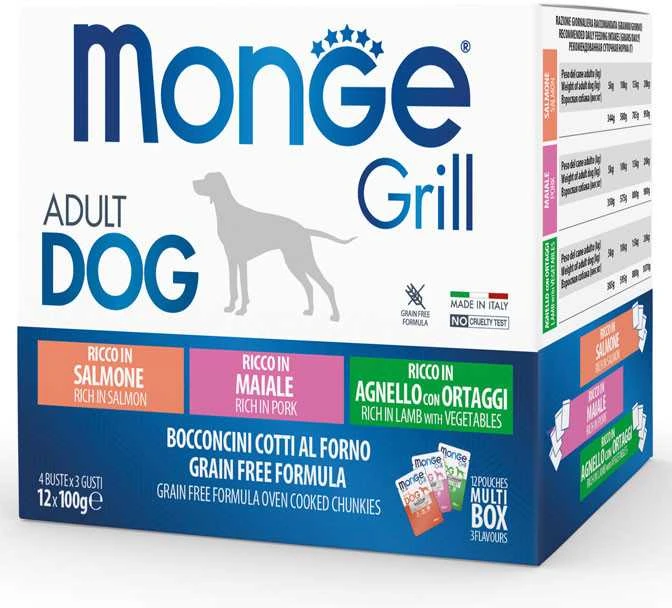 Monge Grilis Mix konservų rinkinys šunims su lašiša, kiauliena ir ėriena, 12x100 g
