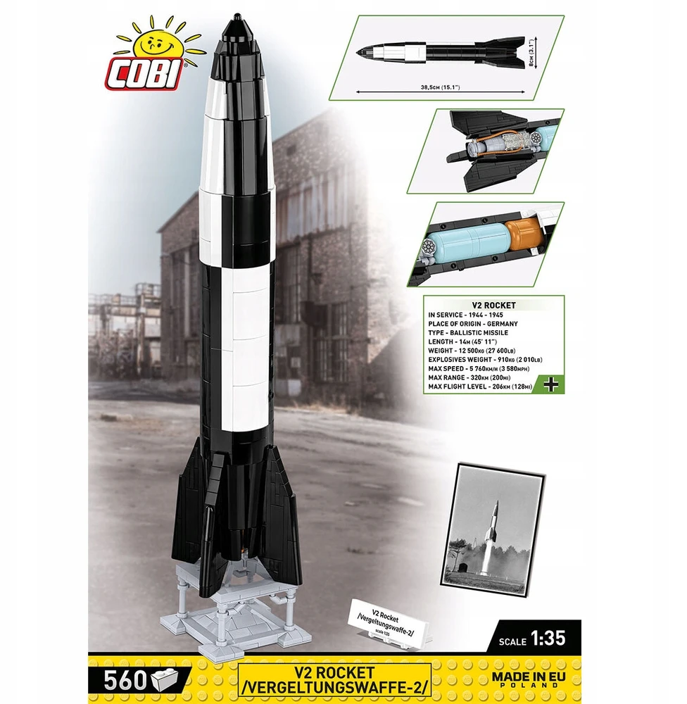 KONSTRUKCIJOS ŽAIDIMAS - COBI - V2 RAKETA ATLYGINIMO GINKLAS - 560 dalių - 1:35 mastelis - Juodai baltas