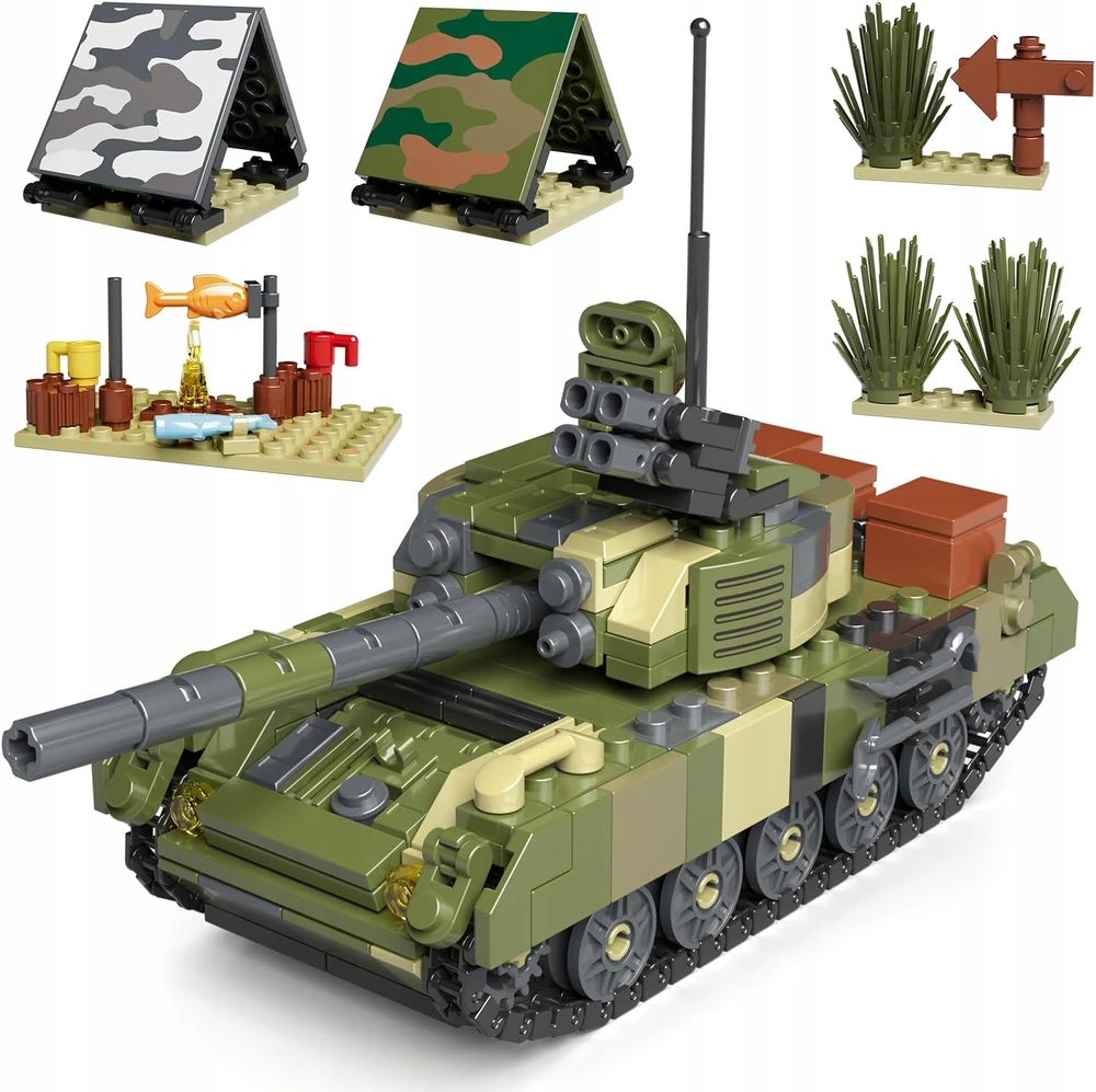 Konstrukciniai blokeliai Mould King 24073: Tankas T-72b3 su karine stovykla