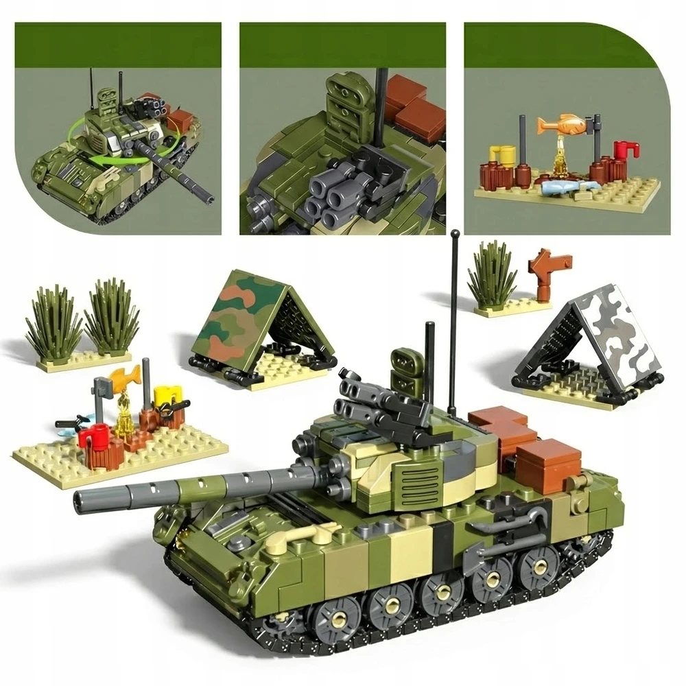 Konstrukciniai blokeliai Mould King 24073: Tankas T-72b3 su karine stovykla