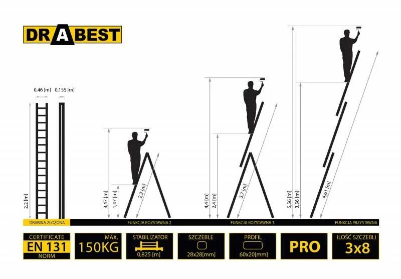 Trijų dalių daugiafunkcinės kopėčios DRABEST „PRO“ 3x8