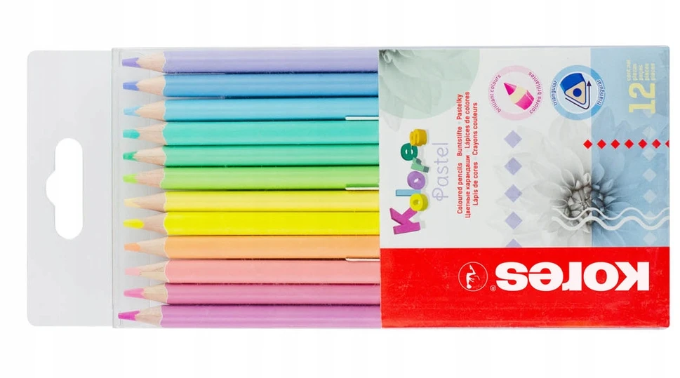 Spalvoti pieštukai KORES KOLORES PASTEL, tribriauniai, 3mm, 12 pastelinių spalvų