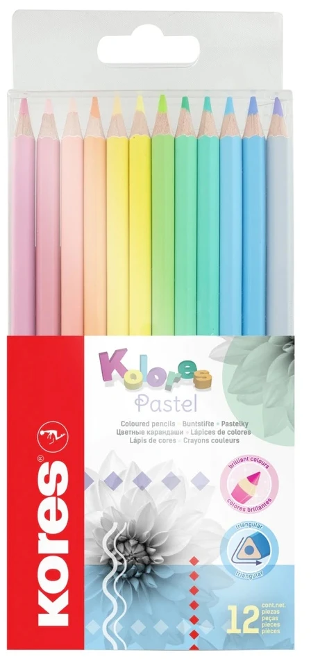 Spalvoti pieštukai KORES KOLORES PASTEL, tribriauniai, 3mm, 12 pastelinių spalvų