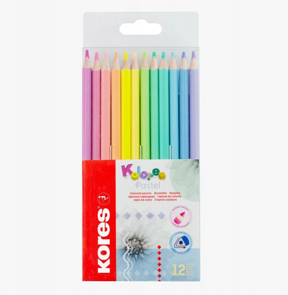 Spalvoti pieštukai KORES KOLORES PASTEL, tribriauniai, 3mm, 12 pastelinių spalvų