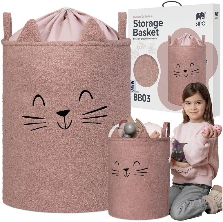 KOSZ NA ZABAWKI DLA DZIECI XL SIPO ZE ŚCIĄGACZEM PREMIUM BOUCLE ROŽINĖ KOT