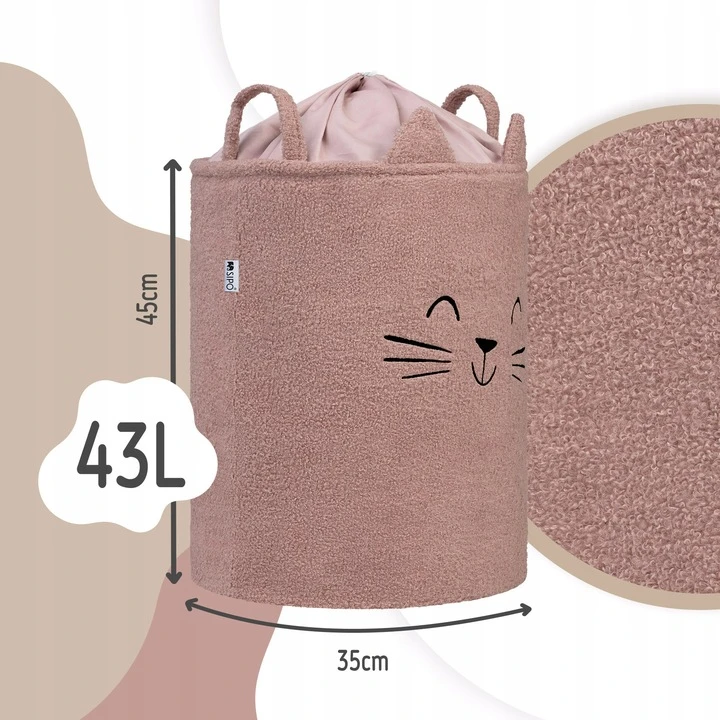 KOSZ NA ZABAWKI DLA DZIECI XL SIPO ZE ŚCIĄGACZEM PREMIUM BOUCLE ROŽINĖ KOT