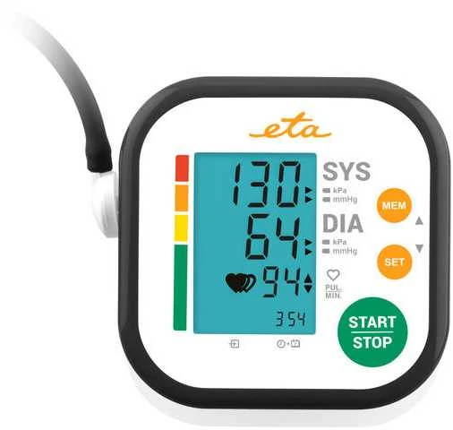 ETA | Žastinis kraujospūdžio matuoklis | ETA229790000 | Atminties funkcija | Naudotojų skaičius: 2 naudotojai | 4 | Tinka naudoti namuose. Sistolinio ir diastolinio slėgio, pulso matavimas. Oscilometrinis matavimo metodas. Išmatuotų verčių rodymas LCD ekrane. Visiškai automatinis manžetės užpildymas ir išleidimas. Slėgio matavimo tikslumas +/- 3 mmHg, pulsas +/- 5%. Slėgio matavimo diapazonas: 0–299 mmHg, pulsas: 40–199 per minutę. Nereguliaraus širdies ritmo aptikimas. PSO kraujospūdžio klasifikacija. | Žastinis