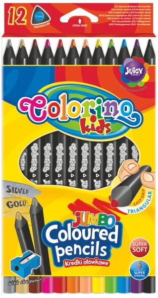 COLORINO CREATIVE JUMBO trikampiniai spalvoti pieštukai 12 spalvų ir drožtukas, 55826PTR