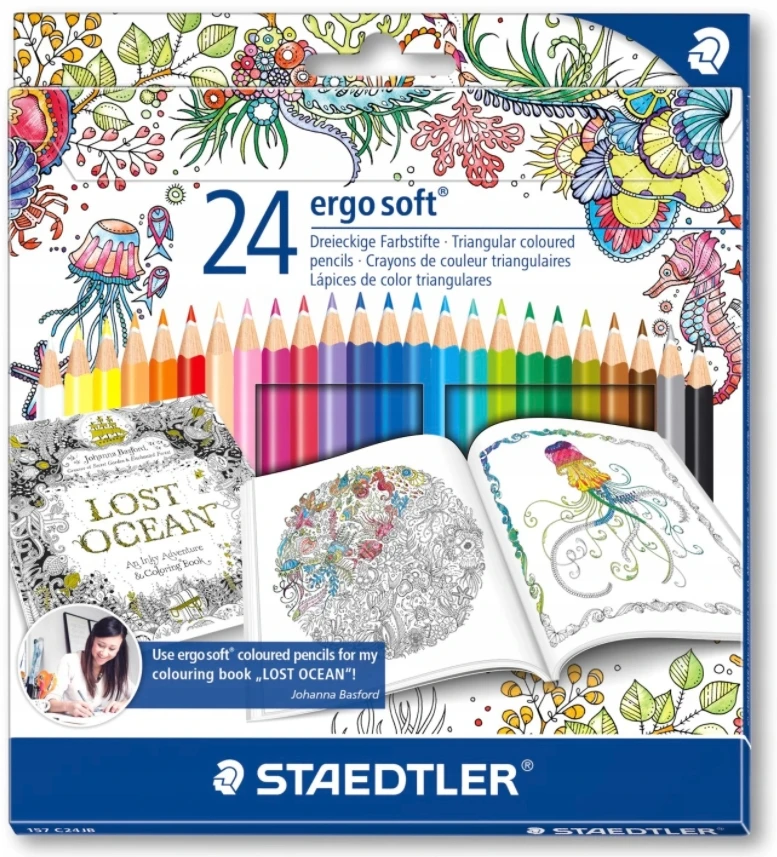 Spalvoti pieštukai tribriauniai STAEDTLER ERGO SOFT 157 Johanna Basford serija, 24 spalvos