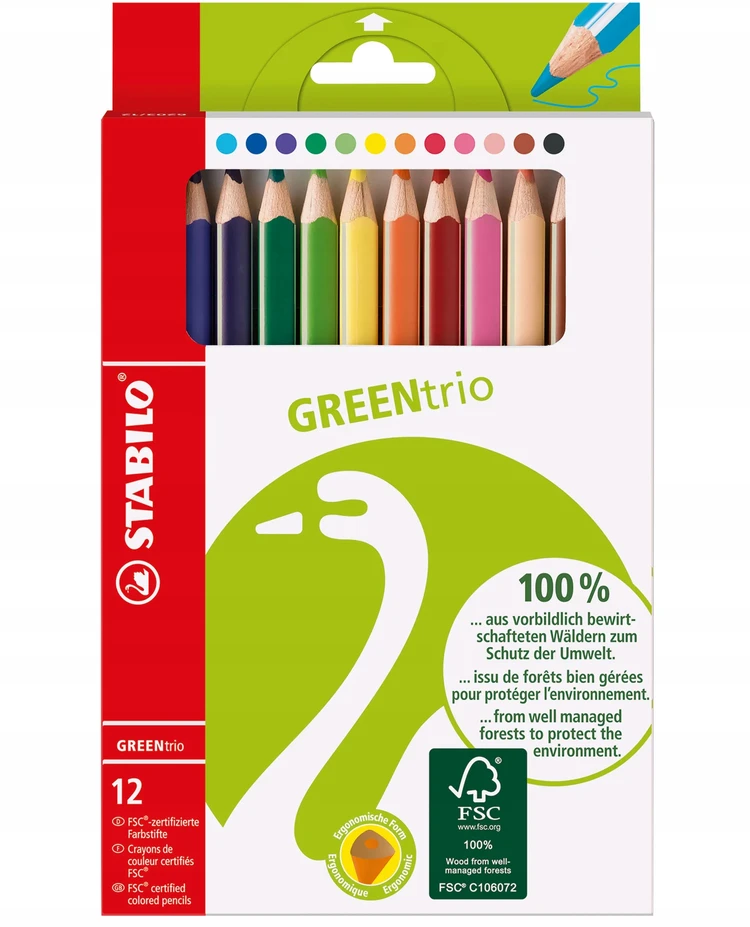 Kredki Trójkątne Ołówkowe Drewniane Stabilo GREENtrio 12 Kolorów 6203/12