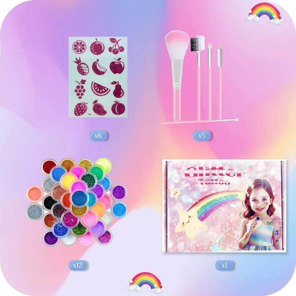 KREOleo GLITTER TATTUOS DIDELIS TATUiruočių rinkinys, PLAUNAMI ŠABLONAI, GLITTER