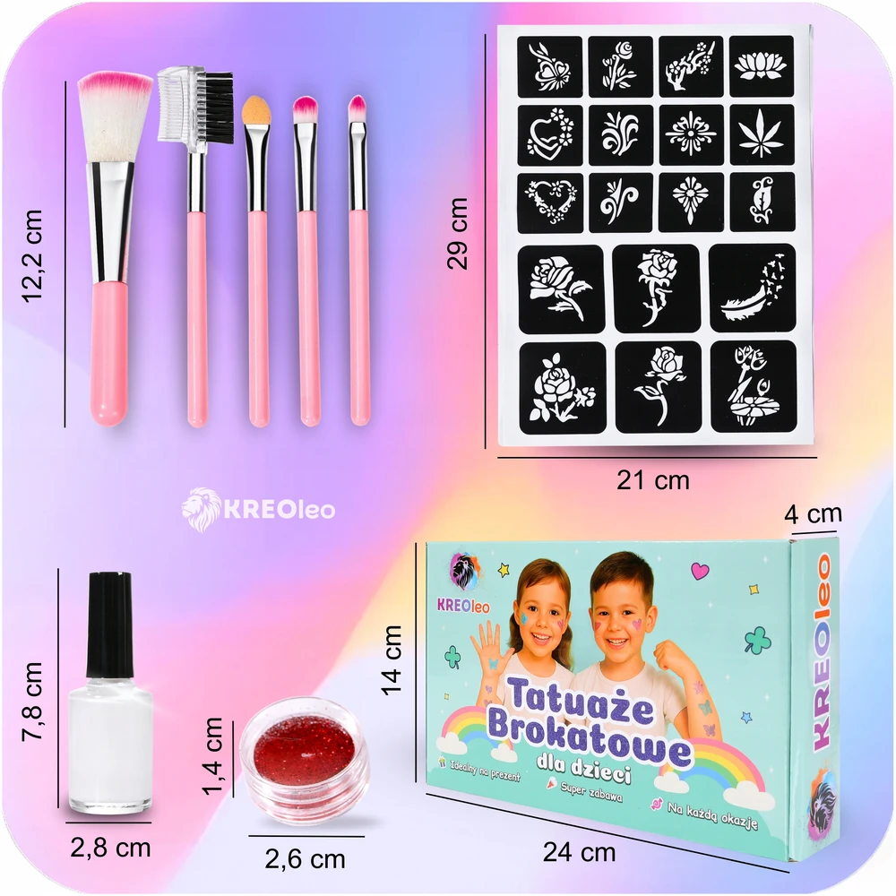 KREOleo GLITTER TATTUOS DIDELIS TATUiruočių rinkinys, PLAUNAMI ŠABLONAI, GLITTER