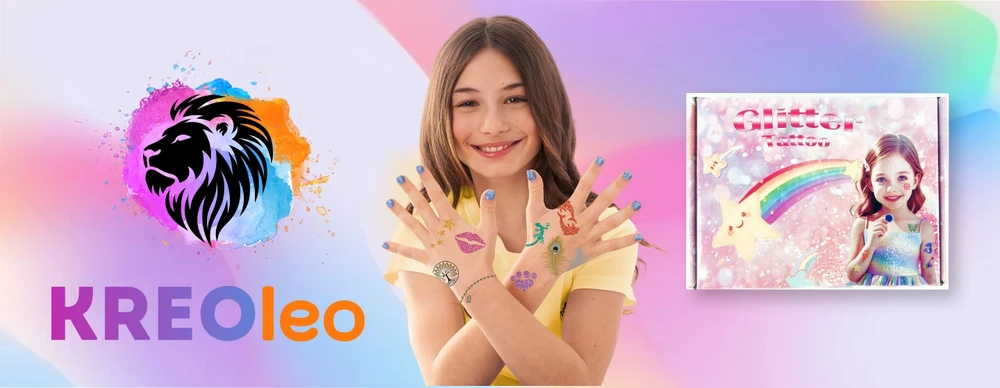 KREOleo GLITTER TATTUOS DIDELIS TATUiruočių rinkinys, PLAUNAMI ŠABLONAI, GLITTER