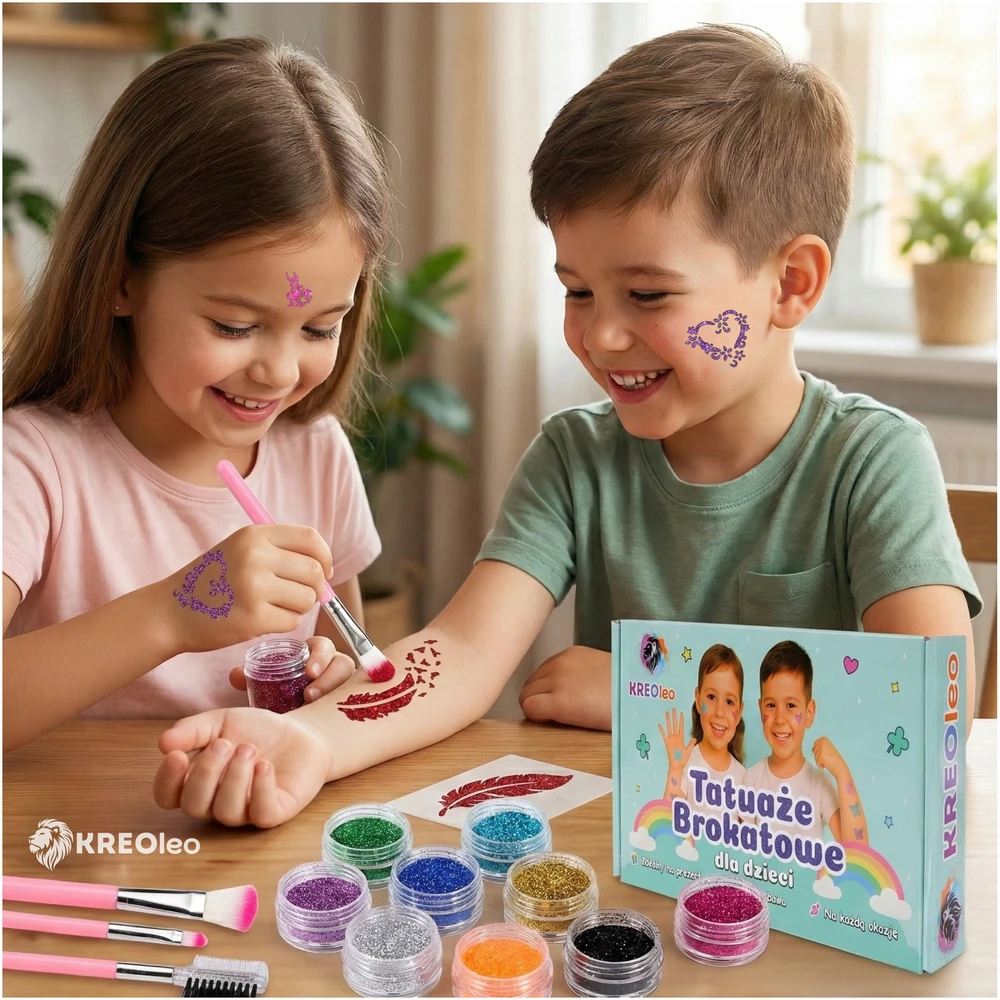 KREOleo GLITTER TATTUOS DIDELIS TATUiruočių rinkinys, PLAUNAMI ŠABLONAI, GLITTER