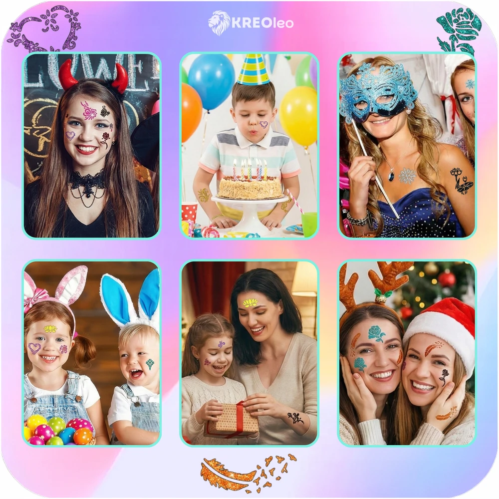KREOleo GLITTER TATTUOS DIDELIS TATUiruočių rinkinys, PLAUNAMI ŠABLONAI, GLITTER