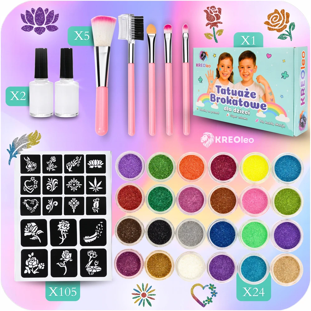 KREOleo GLITTER TATTUOS DIDELIS TATUiruočių rinkinys, PLAUNAMI ŠABLONAI, GLITTER