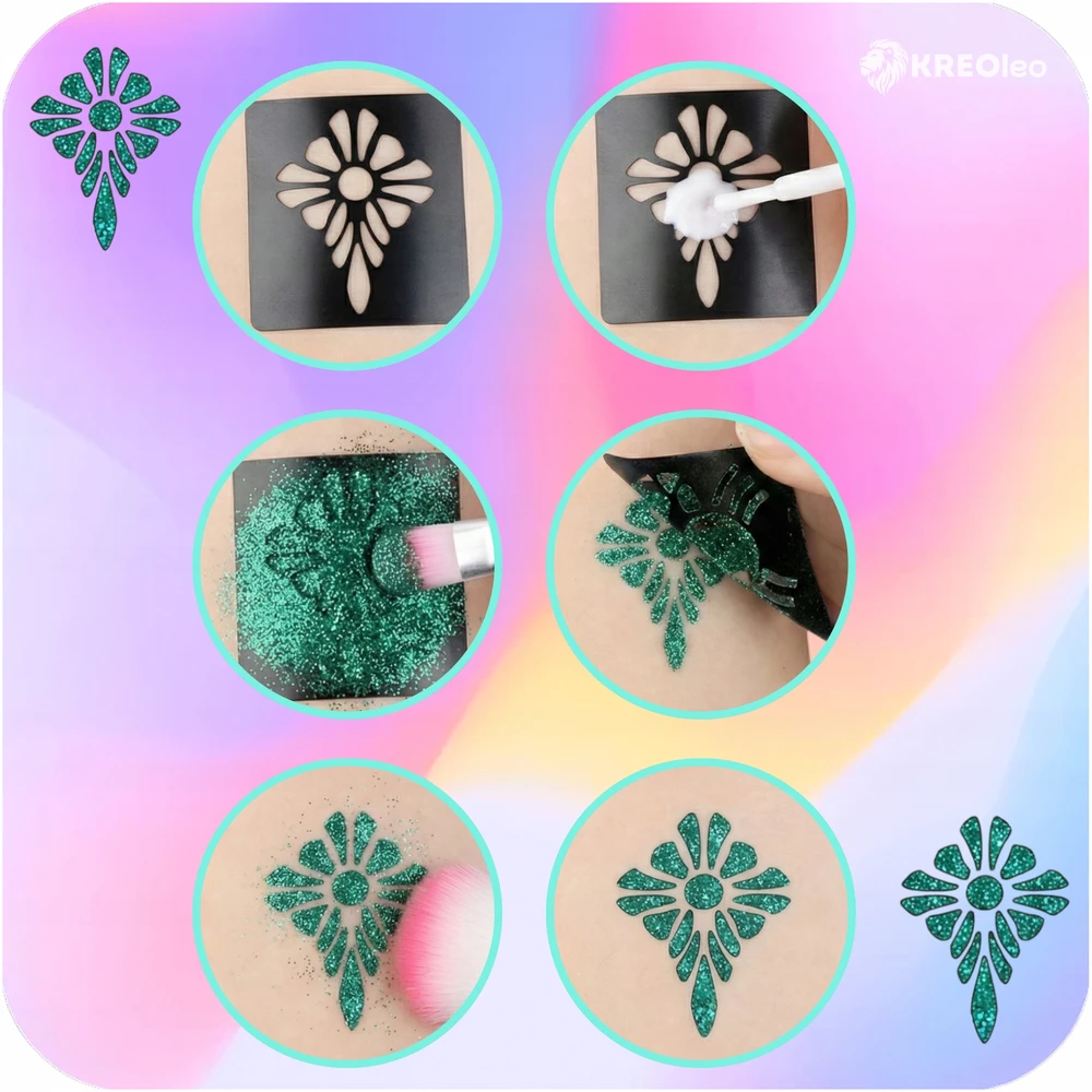 KREOleo GLITTER TATTUOS DIDELIS TATUiruočių rinkinys, PLAUNAMI ŠABLONAI, GLITTER