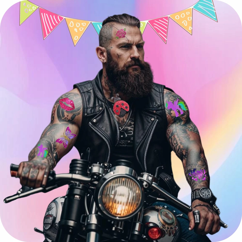 KREOleo GLITTER TATTUOS DIDELIS TATUiruočių rinkinys, PLAUNAMI ŠABLONAI, GLITTER