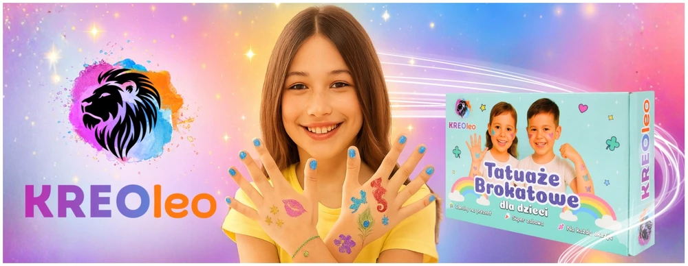 KREOleo GLITTER TATTUOS DIDELIS TATUiruočių rinkinys, PLAUNAMI ŠABLONAI, GLITTER