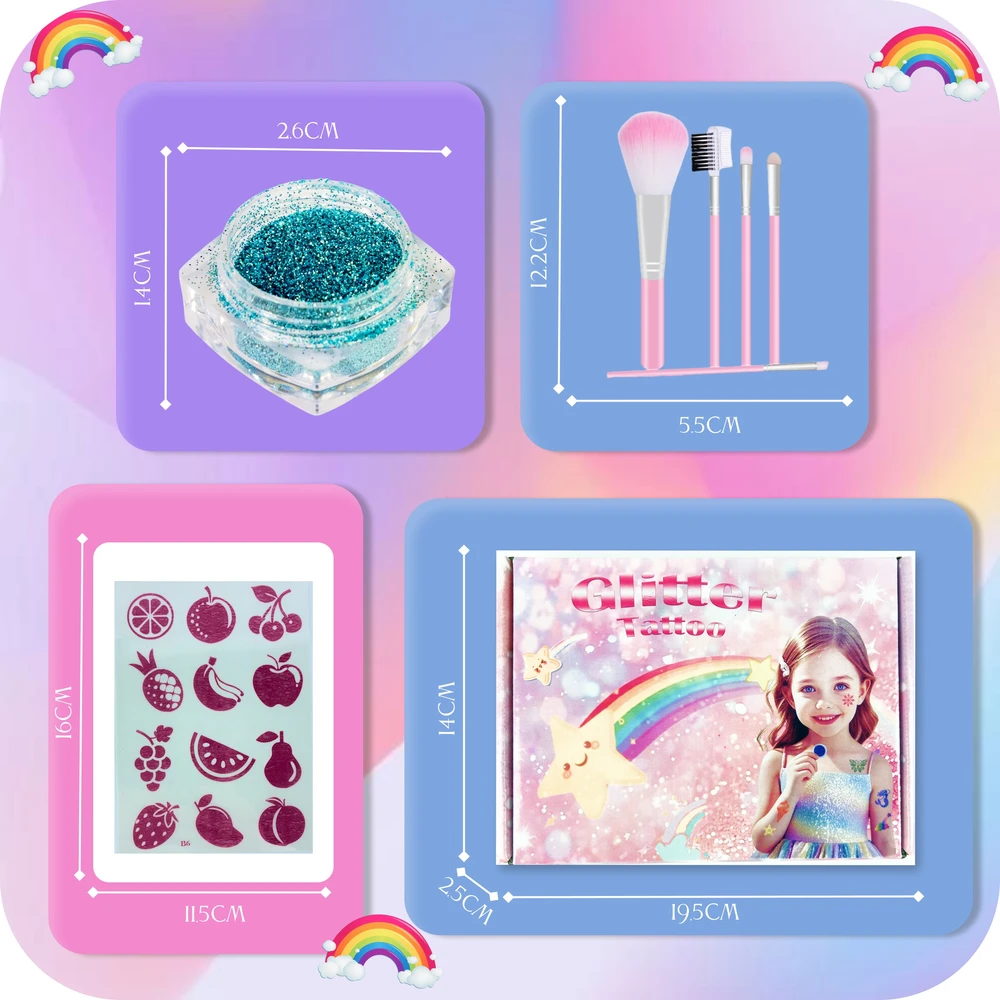 KREOleo GLITTER TATTUOS DIDELIS TATUiruočių rinkinys, PLAUNAMI ŠABLONAI, GLITTER