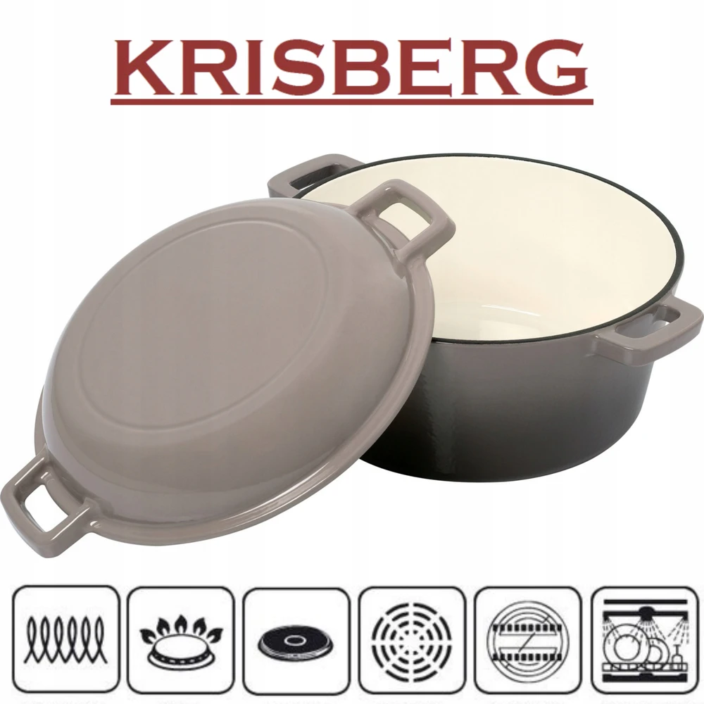 Krisber KIETAS 2 viename emaliuotas ketaus KETAUS 26 cm keptuvė 4,8 l DUJŲ INDUKCINĖ PILKA