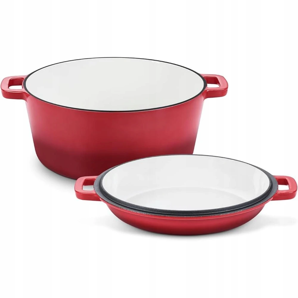 Krisber SOLID Emaliuotas puodas, ketaus, RAUDONA, 2in1, 4,8L kepimo skarda, su RAUDONU DANGIU