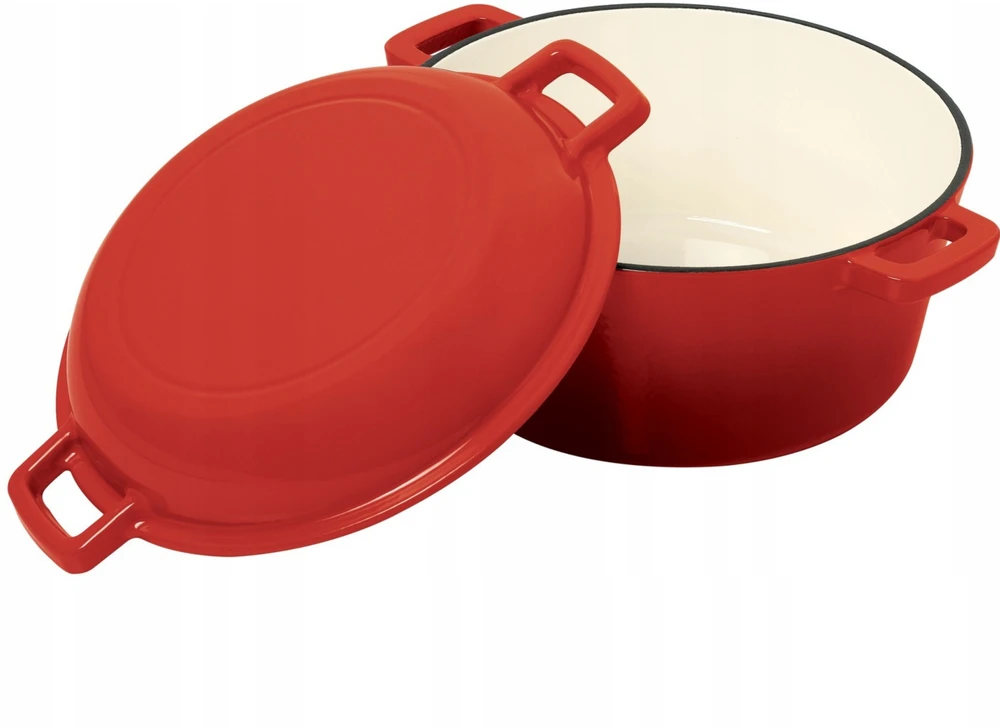 Krisber SOLID Emaliuotas puodas, ketaus, RAUDONA, 2in1, 4,8L kepimo skarda, su RAUDONU DANGIU